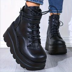 Category:Boots; Upper Materials:PU; Season:Winter; Heel Type:Platform,Chunky Heel; Gender:Women's; Toe Shape:Round Toe; Type:Booties Ankle Boots; Style:Industrial Style,Fashion,Gothic,Comfort,Punk; Heel Height(inch):2-3; Outsole Materials:Rubber; Occasion:Outdoor,Daily,Party; Closure Type:Lace-up; Pattern:Solid Color; Listing Date:09/24/2023; 2023 Trends:Plus Size,Combat Boots,Platform Boots,Lace Up Boots,Height Increasing Shoes Leather Motorcycle Boots, Shoes Stylish, Ankle Boots Women, Lace Up High Heels, Wedges Shoes, Ankle Shoes, Winter Ankle Boots, Shoes Boots Ankle, New Rock