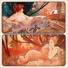 two pictures of women laying on the ground in front of trees and bushes, one with red hair