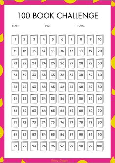 a printable book challenge with the numbers to 100 and one hundred in each row