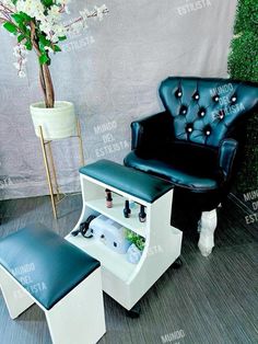 a chair and foot stool are in front of a wall with flowers, plants and bottles on it