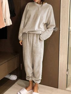 Women's Solid Colored Round Neck Loose Casual Pajama Set Apricot     Plain Pant Sets Non-Stretch Winter Women Sleep & Lounge, size features are:Bust: ,Length: ,Sleeve Length: Neutral Pajamas, Sleepwear Women Pajamas, Plain Pants, Pant Sets, Pajama Set Women, Pj Sets, Sleepwear Women, Kids Beachwear, Pajamas Women