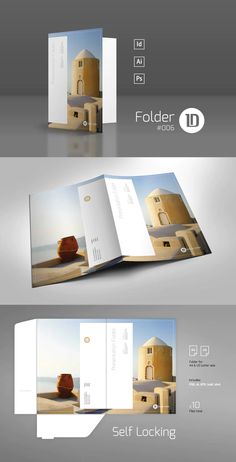 an open brochure is shown in three different colors and sizes, with the same image