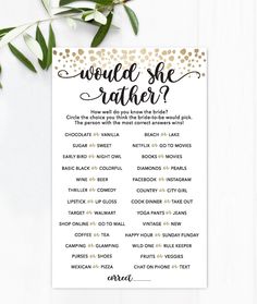 a white and gold wedding game with the words would she rather?