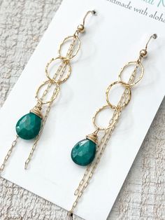 Lush green semi-precious Emeralds and gold fill chain dangle earrings.  About 3" length from top of ear wire. Homemade Jewerly, Stone Bead Jewelry, Earrings Chain, Made Jewelry, Emerald Earrings, Lush Green, Jewelry Creation