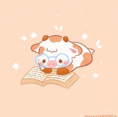 a cartoon cow with glasses reading a book