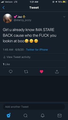 two tweets that are on the same page, one is saying girl already know i'ma stare