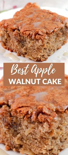 two pieces of apple walnut cake on a plate with the words best apple walnut cake