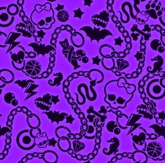 a purple background with black and white skulls, bats, and chains on it's sides