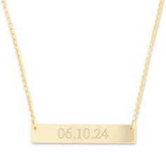 Celebrate a date that is important to you with this Engravable Date Gold Bar Necklace. The Gold Plated Bar is 1 1/4 inches wide and can be engraved on the front. Remember the birth of a child  your wedding anniversary or graduation by engraving the date onto this stunning bar charm.  Details: • Gold Plated Name Bar • Engravable on Front and Back • 16 Inch Rolo Chain with 2 Inch Extender • Personalized Gold Bar Necklace Gift, Gold Bar Necklace With Custom Name, Gold Custom Name Bar Necklace For Gift, Customizable Gold Bar Necklace For Personalized Gift, Customizable Rectangular Bar Necklace For Personalized Gift, Date Bars, Coordinates Jewelry, Rose Gold Bar, Bar Necklace Personalized