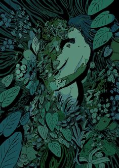 an image of a woman surrounded by leaves and flowers in green, black and blue colors