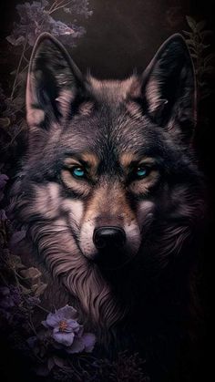 a wolf with blue eyes and flowers in the background