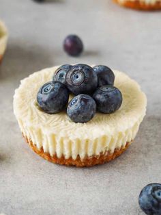 blueberry cheesecakes with whipped cream and fresh blueberries scattered around the top