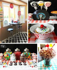 a collage of pictures with candy and desserts on display in the kitchen or dining room