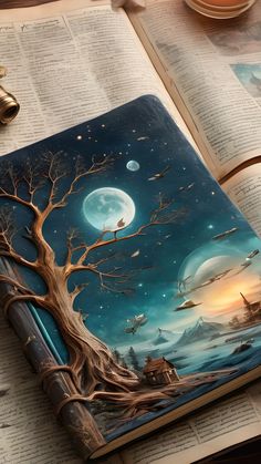 an open book on top of a table with a tree and moon in the background