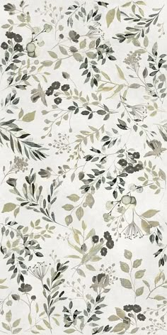 a white and green wallpaper with leaves on it