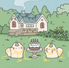 three cartoon animals sitting in front of a house with a birthday cake on the lawn