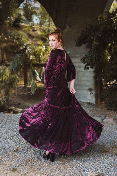 This luscious ruffled maxi dress features a hook & eye neck closure, pockets and a black jersey slip. Made from a gorgeous, lightweight burnout velvet and lots of love! Machine wash cold, gentle cycle, and line dry. Black Velvet Gown, Vintage Velvet Dress, Burnout Velvet Dress, Burnout Velvet, Witch Fashion, Black Jersey, Lilac Dress, Lots Of Love, Portrait Inspiration