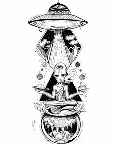 an alien is sitting in the middle of a bowl with food and space around it