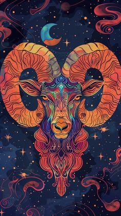 an artistic painting of a ram in the night sky with stars and swirls around it