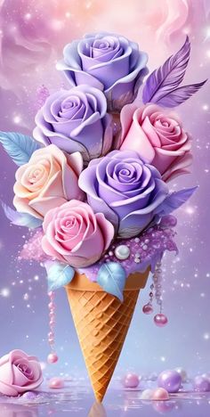 an ice cream cone filled with pink roses on top of a purple table covered in pearls