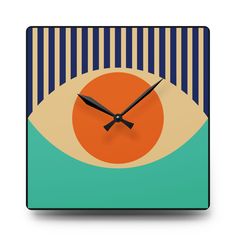 a square clock with an eye on it's face in blue, orange and green