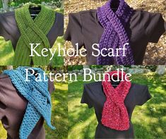 The Keyhole Scarf Crochet Pattern Bundle contains 4 keyhole scarf designs that are stylish, timeless, and practical.  The bundle contains enough variety to appeal to any style, and work up quickly so you can make all four in a weekend. Each uses simple stitches to create beautiful texture.  The Cranmore scarf uses worsted weight (Category 4) yarn and features a lovely double keyhole.  It will not only keep you warm but is the perfect accessory to finish off a fall outfit, when the weather is coo Keyhole Scarf Crochet Pattern, Keyhole Scarf Pattern, Keyhole Scarf, Scarf Designs, Cooling Scarf, Scarf Crochet, Timeless Classic Style, Fingerless Mittens, Scarf Knitting Patterns