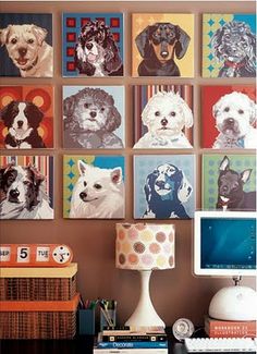 there are many dogs on the wall in this home office area, and it is easy to put together