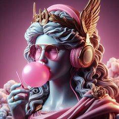 a woman with headphones and pink bubble in her mouth is blowing on the nose