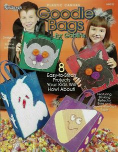 the front cover of this magazine features two children holding bags with faces and eyes on them