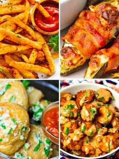 four different pictures of food including chicken, french fries, and other foods with sauces on them