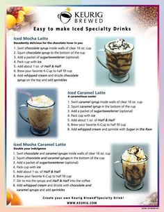 an advertisement for keurig coffee with instructions on how to make iced specialty drinks