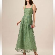 Description: The Slip Maxi Design Offers A Graceful Silhouette That Flows Elegantly, Perfect For Garden Parties, Weddings, Or Any Special Event. The Lush Green Hue Enhances The Dress's Romantic Charm, While The Embroidered Details Add A Touch Of Sophistication. Details: - Occasion: Special Occasion - Fabric Stretch: No Stretch - Embellishment: Pleated, Embroidery, Zipper, Jacquard, Splicing - Fabric: Polyester 100.0% - Lining: Polyester 95.0%, Spandex 5.0% - Material: Mesh Green Lace Dress For Banquet, Green Embroidered Lace Dress, Green Flower Dress, Gold Embroidered Dress, Slip Maxi Dress, Maxi Design, Green Embroidery, Bachelorette Dress, Ankle Length Dress