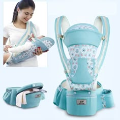 the baby carrier is blue and has flowers on it