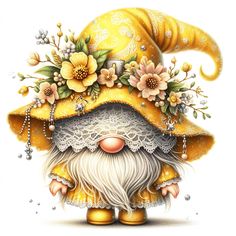 a painting of a yellow gnome with flowers on his head