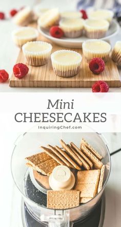 mini cheesecakes in a food processor with raspberries on the side and other desserts