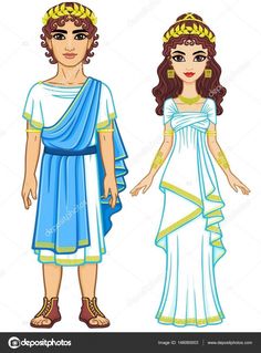 an ancient greek man and woman dressed in blue dress with gold trims on their heads