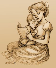 a drawing of a mother reading to her child