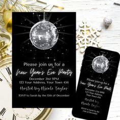 a black and white party card with a disco ball on the front, next to a clock