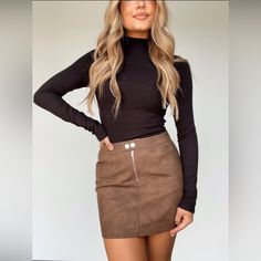 Sold Out Online Mini Brown Skirt Outfit, Skirt Outfits With Boots, Brown Skirt Outfit, Espresso Yourself, Brown Leather Skirt, Church Fits, Skirt Outfits Fall, Work Fits, Rose Skirt