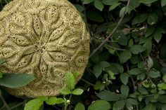 a round object sitting on top of a lush green forest covered in lots of leaves