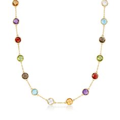 Ross-Simons - 13.80ct t. w. Bezel-Set Multi-Gemstone Station Necklace. 16". Brighten your wardrobe with all the colors of the rainbow. This necklace showcases stations of 13.80 ct. t. w. bezel-set multi-gemstones on a polished 14kt yellow gold cable chain. Includes amethyst, peridot, garnet, blue and white topaz, smoky quartz, and citrine rounds. Lobster clasp, multi-gemstone station necklace. Elegant Multicolor Faceted Crystal Necklaces, Multicolor Gemstone Crystal Necklace, Multicolor Round Birthstone Necklaces, Stone Bead Jewelry, Peridot Color, Peridot Stone, Yellow Gold Jewelry, Citrine Stone, Garnet Stone