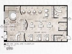 a floor plan for a restaurant with seating and kitchen area in the center, as well as several tables