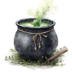 a painting of a pot with green liquid coming out of it