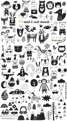 black and white doodles with different types of animals, trees, and other things