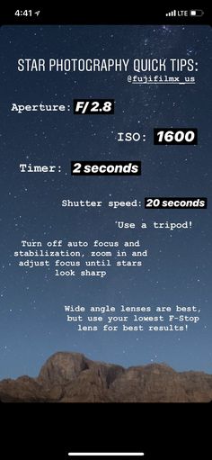 an iphone screen showing the time and date for shooting stars in the night sky with mountains behind it