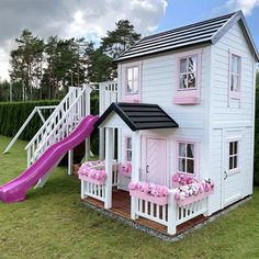 Whole Wood Playhouse two story playhouse with slide pricess side Two Story Playhouse, Wood Playhouse, Outdoor Playhouse, Backyard Kids Play Area, Backyard Playhouse, Wooden Terrace, Princess Toys, Playhouse Outdoor, Wooden Playhouse