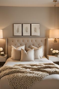 a bed with white pillows and two pictures on the wall above it in a bedroom