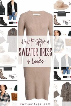 Knit Sweater Dress Outfit, Gray Sweater Dress Outfit, Beige Dress Outfit, Sweater Dress Outfit Fall, Style A Sweater Dress, Black Sweater Dress Outfit, Sweater Dress Outfit Winter, Beige Knit Dress, Knitted Dress Outfit