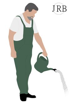 a man in overalls pouring water from a watering can into a pot with the initials j r b on it