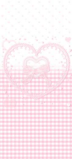 a pink and white checkered background with a heart shaped bow on it's side